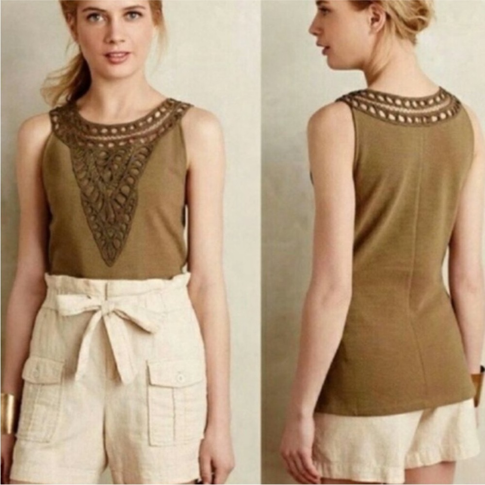 Anthropologie Postmark Embroidered Green Sleeveless Lace Top sz M